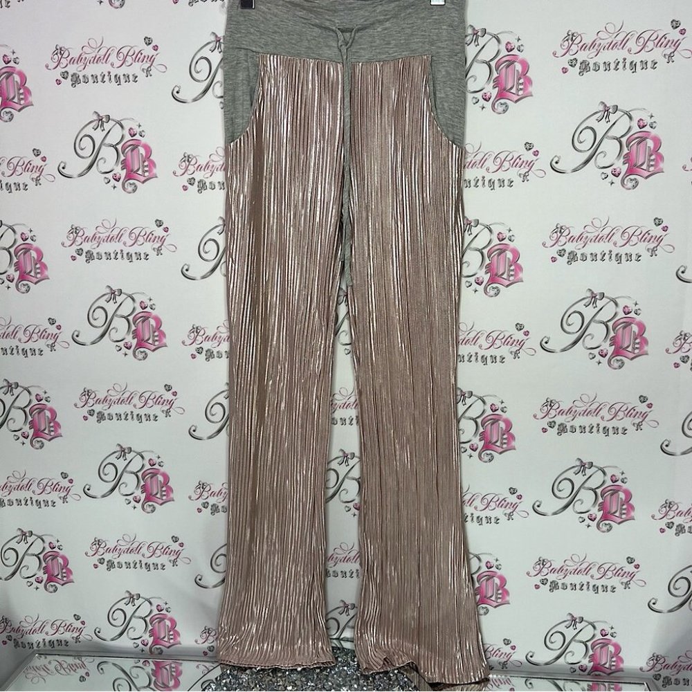 Shimmer pants blush rose gold shiny sparkly stretchy flare leg with grey waist